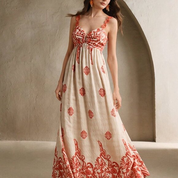 Burnt Orange Boho Women's V-Neck Contrast Print Beach Dress - Picture 5 of 6